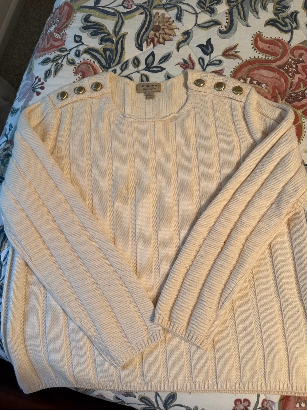 Burberry Cream Ribbed Crewneck Sweater with Gold Shoulder Buttons
